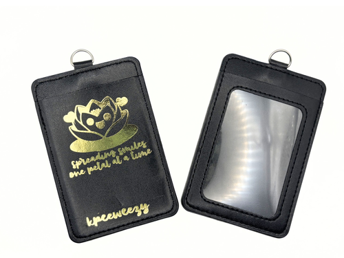 kpeeweezy Kawaii Faux Leather ID Badge Holder with Lanyard & Retractable Reel | Cute Vertical Card Case for Women, Nurses & Office | Gold Foil "Spreading Smiles" Design