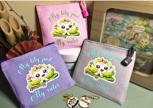 kpeeweezy Kawaii Canvas Coin Pouch & Small Zipper Bag | Cute Sassy Women’s Wallet for Cards, Cash, & Earbuds | Includes Custom Wood Charm & Story Card | 4.7" x 4.7"