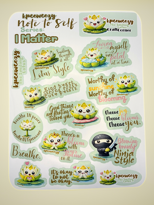 kpeeweezy Note to Self Inspirational Sticker Sheets | Cute Kawaii Decals for Planners, Journals & Laptops | Mental Health & Self Care Gifts for Women | Includes Glossy Art Print Backer